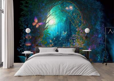 Fantasy fairy tale background. Fantasy enchanted forest with magical luminous plants, built ancient mighty trees covered with moss, with beautiful houses, butterflies and fireflies fly in the air.  Wall mural