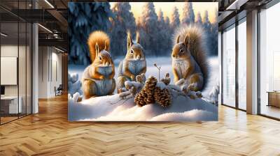 Fluffy squirrels in a fabulous winter forest. Winter wonderland landscape. Digital art	 Wall mural