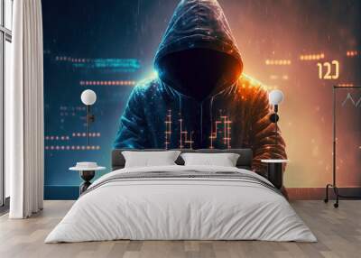 Hacker in a hood on dark blue digital background.	 Digital artwork Wall mural