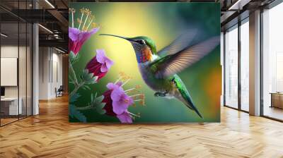 Hummingbird flying to pick up nectar from a beautiful flower. Digital artwork Wall mural