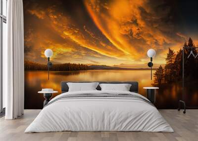 Island on the lake. autumn. golden clouds are reflected in the water. golden hour.  Hyper realistic digital painting. 3D illustration Wall mural