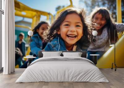 Kids having a fun time together. Group of diverse Kids playing together on a playground	 Wall mural