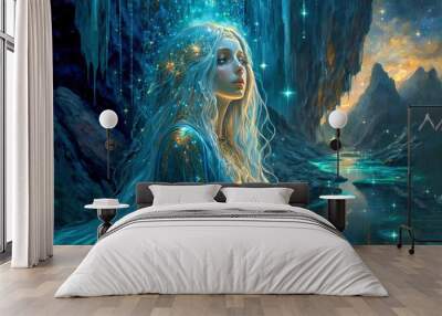 Lake nymph. Beautiful water goddess. Post-processed digital AI art Wall mural