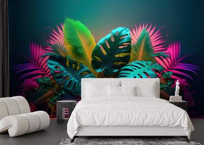 Large tropical leaves frame. Exotic botanical design for cosmetics, spa, perfume, beauty salon, travel agency, florist shop. Digital artwork
 Wall mural