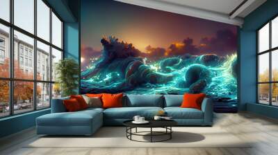 Night fantasy seascape with futuristic waves and foam. Neon foam on water waves. Lights of a distant city. 3D illustration. Wall mural