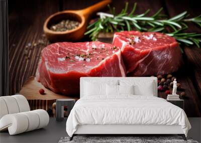 Raw beef filet Mignon steak on a wooden Board with pepper and salt, black Angus marbled meat. Wall mural