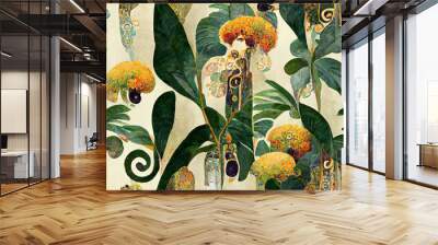 Seamless abstract exotic flowers and leaves background. Seamless repeat pattern for fabrics, wallpapers, wrappers, postcards, greeting cards, wedding invitations, banners, web. 3d illustration Wall mural