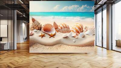 Shells on sandy beach. Tropical beach with sea shells on sand. Summer holiday concept. Post-processed generative AI Wall mural