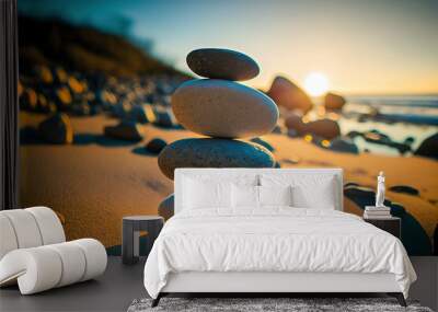 Stack of zen stones on pebble beach at sunset. Post-processed generative AI	
 Wall mural