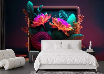 Tropical leaves and large exotic flowers frame. Exotic botanical design for cosmetics, spa, perfume, beauty salon, travel agency, florist shop.	 Wall mural