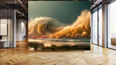 Tsunami wave apocalyptic water Storm. Large tidal wave coming on to the beach. 3D render Wall mural