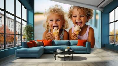 Two happy children eating ice cream  Wall mural