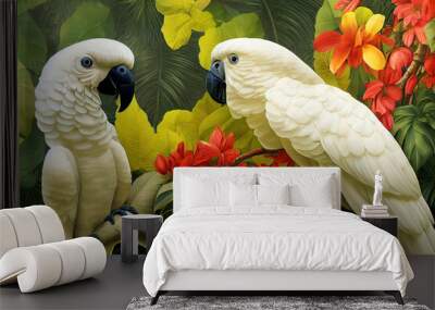 White cockatoo in exotic jungle full of tropical leaves and large flowers. Amazing tropical floral patten for print, web, greeting cards, wallpapers, wrappers.  digital art Wall mural