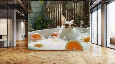 Adorable White Rabbit Wearing Sunglasses Relaxing in a Hot Tub with Bubbles in Bright Afternoon Sunlight, Playful and Humorous Scene Captured in Vibrant and Energetic Style, Creative Pet Advertisement Wall mural