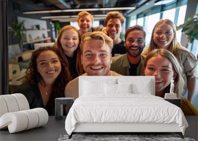 Multicultural happy people taking group selfie portrait in the office, diverse people celebrating together, Happy teamwork and lifestyle concept Wall mural