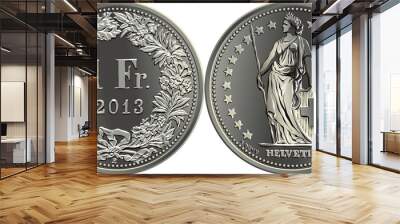 1 swiss franc coin, reverse 1 fr in wreath of oak leaves and gentian, obverse helvetia shown standin Wall mural