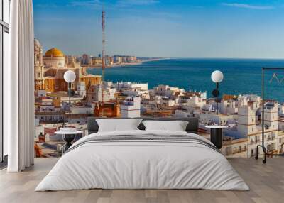 Aerial panoramic view of the old city rooftops and Cathedral de Santa Cruz in the morning from tower Tavira in Cadiz, Andalusia, Spain Wall mural