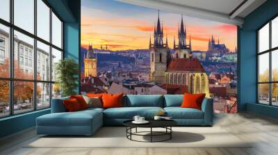 Aerial view over Church of Our Lady before Tyn, Old Town and Prague Castle at sunset in Prague, Czech Republic  Wall mural