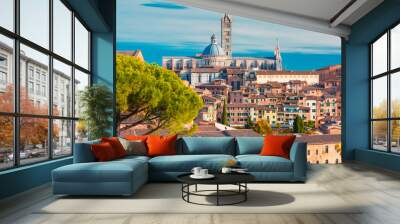 Beautiful view of Dome and campanile of Siena Cathedral, Duomo di Siena, and Old Town of medieval city of Siena in the sunny day, Tuscany, Italy Wall mural