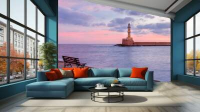 Lighthouse in old harbour of Chania at sunrise, Crete, Greece Wall mural