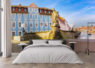 Panoramic sunny winter view of the Upper Bridge over the Regnitz River in Bamberg, Bavaria, German Wall mural