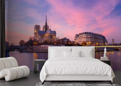 Picturesque grandiose sunset over Cathedral of Notre Dame de Paris, France. Panorama Wall mural