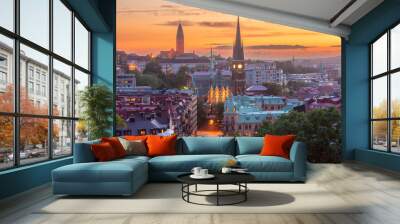 Scenic aerial view of Old Town with Oscar Fredrik Church at gorgeous sunset, Gothenburg, Sweden. Wall mural