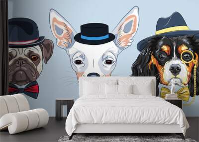 Set of hipster dogs in hats and bow ties. King Charles Spaniel with gold monocle, Chihuahua and fawn Pug Wall mural