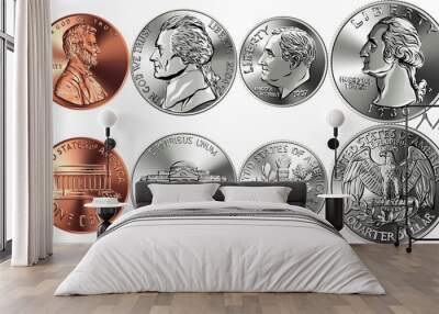 Set of obvers and revers of American money, one, five, ten and twenty five cent coins Wall mural