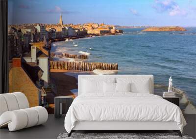 Sunny aerial view of beautiful walled port city of Saint-Malo at high tide, Brittany, France Wall mural