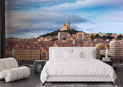 The old Vieux Port and Basilica Notre Dame de la Garde in the historical city center of Marseilles on sunny day, France Wall mural