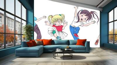 Vector cute baby girls and boys dancing Wall mural