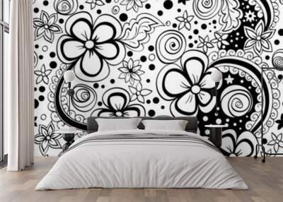 vector seamless black and white floral pattern Wall mural