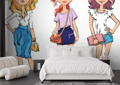 Vector SET of cute fashionable girls Wall mural