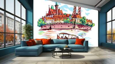 Vector sketch of Cathedral Island, Cathedral and church of Holy Cross in Wroclaw, Poland Wall mural