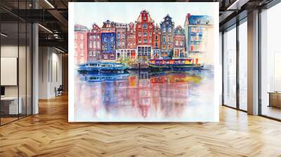 Watercolor sketch of Amsterdam typical houses with their reflections in canal, Holland, Netherlands Wall mural