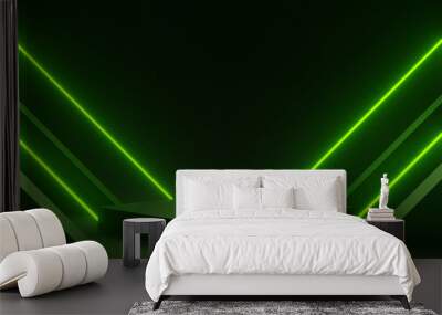 3D black geometric podium with green neon lights. Sci-Fi mock up. Wall mural