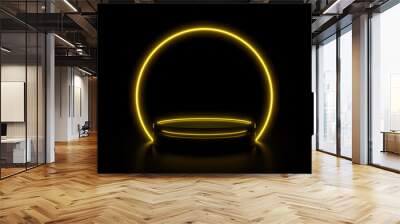 3D black podium with yellow circles neon lights. Wall mural