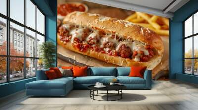 A savory meatball sub with marinara sauce and melted cheese, served on a toasted hoagie roll. Copy space for text Wall mural