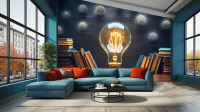 Innovative learning, creative educational study concept for graduation and school student success with world lightbulb on teacher chalkboard Generative AI Wall mural