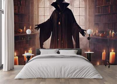 Witching Hour Ritual
 Witness a mystical Halloween ritual come to life in this AI-generated image. A cloaked figure stands before a bubbling cauldron, surrounded by ancient spell books and flickering Wall mural