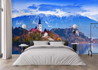 Bled with lake, island,  Slovenia, Europe Wall mural