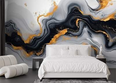 Abstract watercolor paint background illustration - Black gray color and golden lines, with liquid fluid marbled swirl waves texture banner texture, isolated on white, Generative AI Wall mural