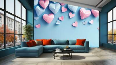 Valentines day, Valentine's day love wedding concept banner greeting card template - Fallen soft pastel pink and blue hearts, isolated on blue paper table  background texture, top, Generative AI Wall mural