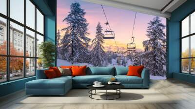 winter mountains panorama with ski slopes and ski lifts Wall mural