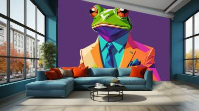 stylish portrait of dressed up imposing anthropomorphic frog wearing  suit on vibrant colorful background with copy space funny pop art illustration Wall mural