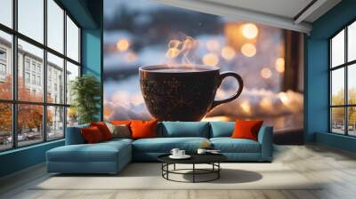 Warm drink on the windowsill in winter time, Winter coffee latte in white cup on windowsill  Wall mural