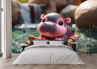 Cute Cartoon Hippo Floating on Raft in Water Wall mural