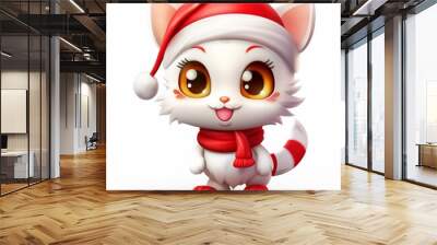 Kawaii cute cat in Santa hat at Christmas Wall mural