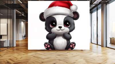 Kawaii cute panda in Santa hat at Christmas Wall mural